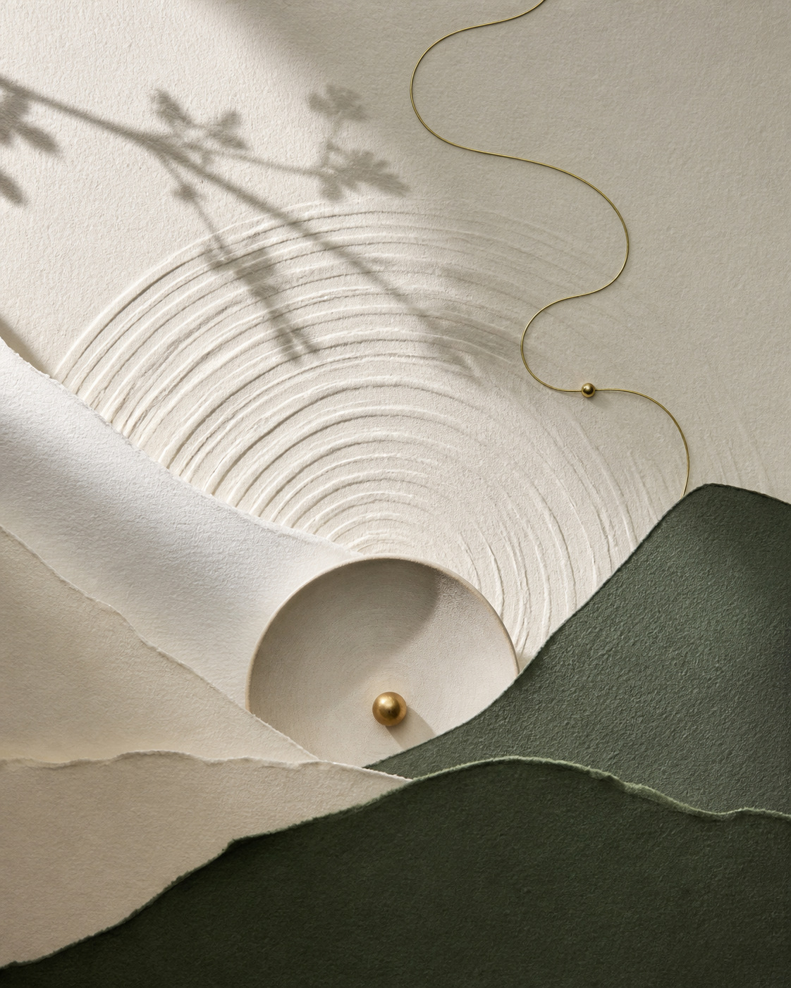 Composição abstrata em papel, verde e dourado representando equilíbrio emocional
